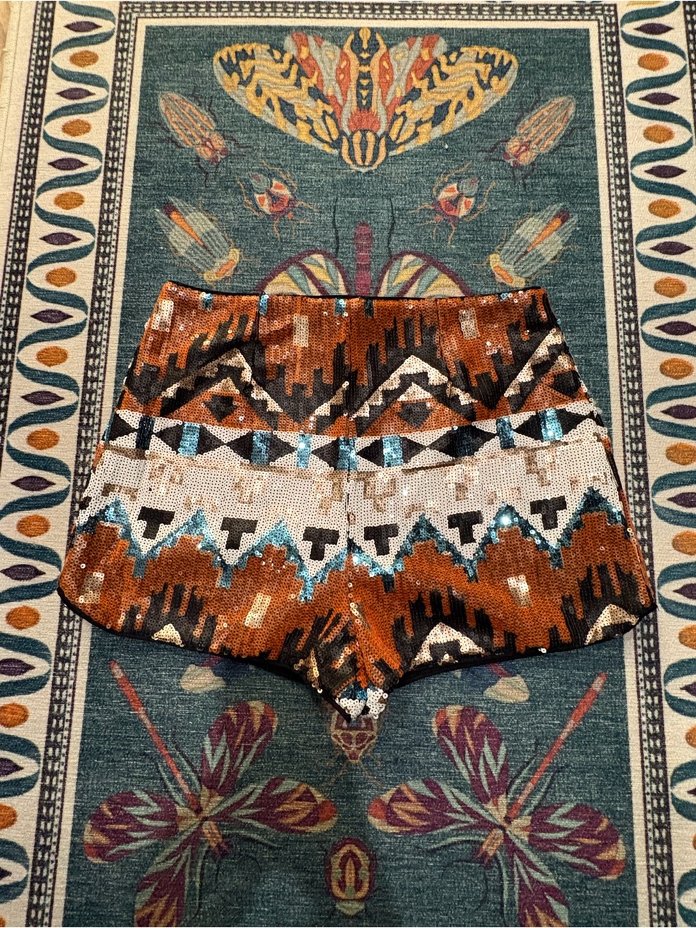High-Waist Sequin Aztec Pattern Women’s Shorts - Brown/White/Blue